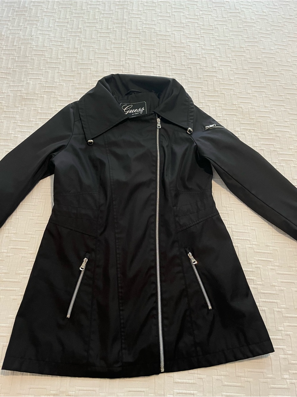 GUESS Black Asymmetrical Zip Trench Coat